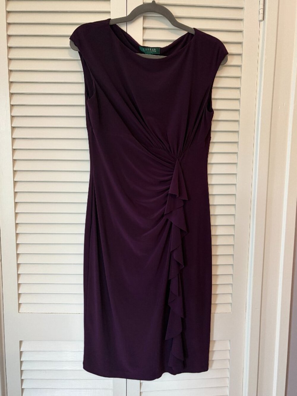 Lauren Ralph Lauren dress 8 purple eggplant ruched cocktail jersey cap sleeve
